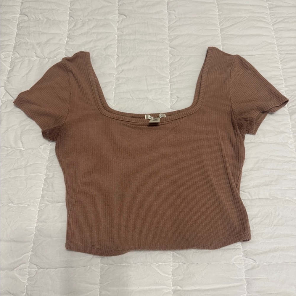 Bozzolo Brown Fitted Short Sleeve Crop Bodysuit